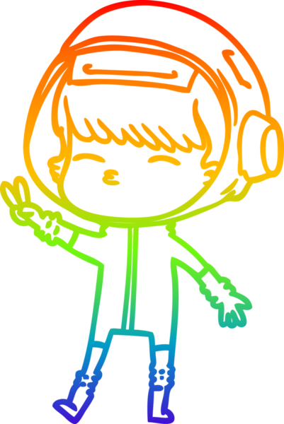 Gökkuşağı gradyan çizgi çizimi uzay kızı bir insan tarafından barış işareti çiziyor