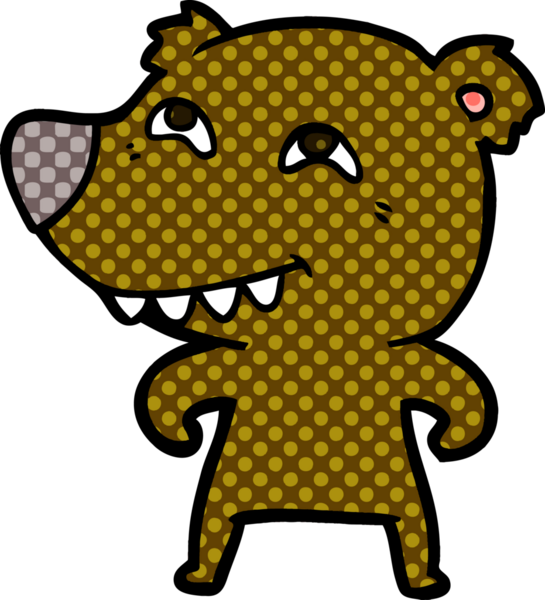 Bir insan tarafından çizilmiş dişleri gösteren çizgi film ayısı.