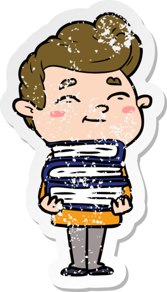 Bir insan tarafından çizilmiş bir yığın yeni kitabı olan mutlu bir çizgi film karakterinin sıkıntılı çıkartması.