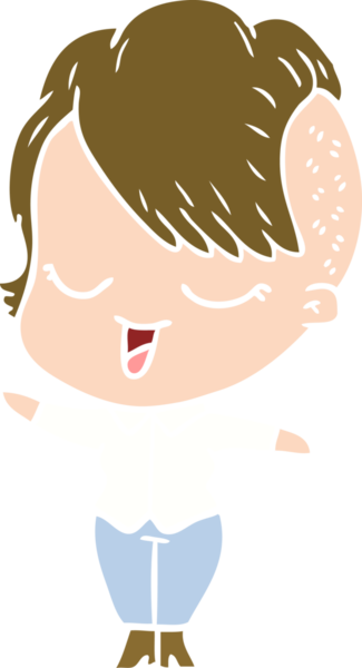 Bir insan tarafından çizilmiş mutlu düz renkli çizgi film kızı.