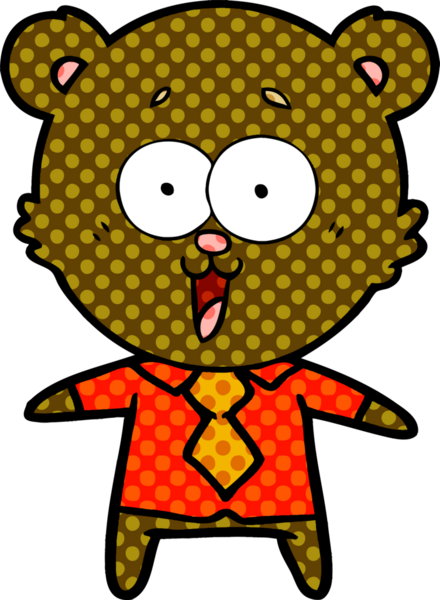 Bir insan tarafından çizilmiş tişörtlü ve kravatlı gülen ayıcık çizgi filmi.