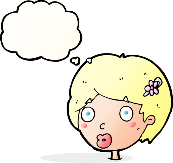 Bir insan tarafından çizilmiş düşünce baloncuğuyla kadın yüzünü şaşırtan çizgi film.