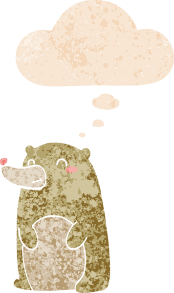 Bir insan tarafından çizilmiş grunge sıkıntılı retro tarzı düşünce baloncuğu ile sevimli çizgi film ayısı