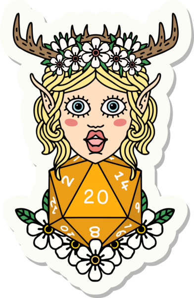 Bir insan tarafından çizilmiş nautral yirmilik zarlı bir Elf Druid karakterinin çıkartması.