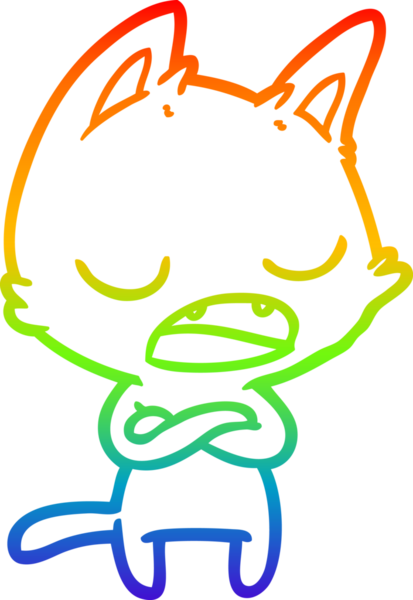 Bir insan tarafından çapraz kollar çizilmiş konuşan bir kedinin çizimi.