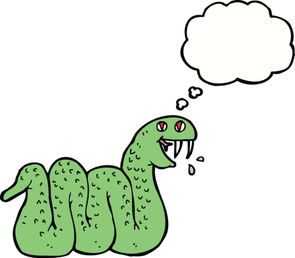 Bir insan tarafından çizilmiş düşünce baloncuklu çizgi film yılanı.