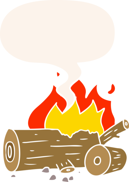 Bir insan tarafından çizilmiş, konuşma baloncuklu karikatür kamp ateşi.