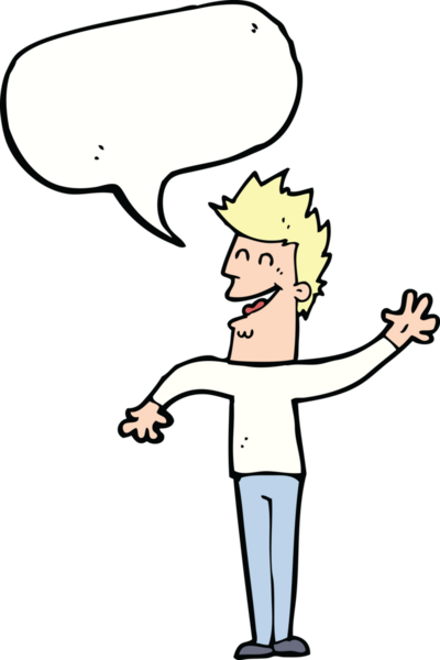 Bir insan tarafından çizilmiş konuşma baloncuğuyla el sallayan mutlu bir adam.