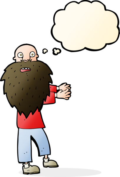 Karikatür sakallı yaşlı adam. Düşünce baloncuğu insan tarafından çizilmiş.