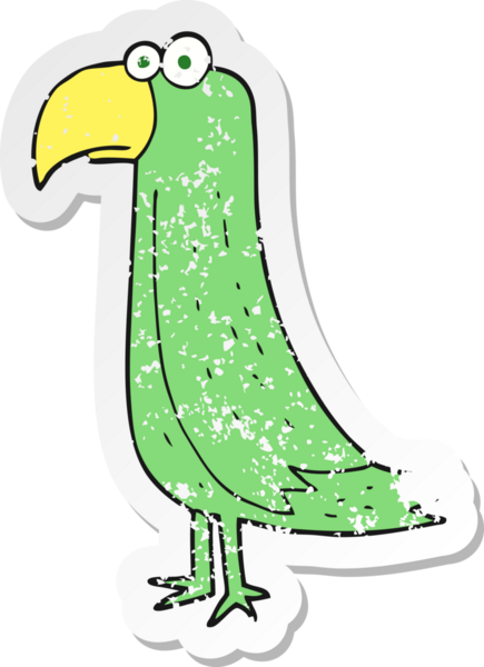Bir insanın çizdiği karikatür papağanının kederli retro yapıştırması.
