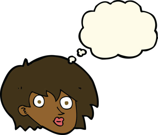 Bir insan tarafından çizilmiş düşünce baloncuğuyla kadın yüzünü şaşırtan çizgi film.