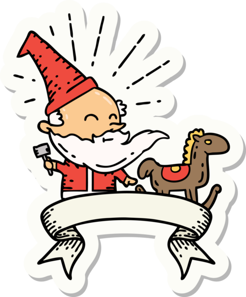 Bir dövme stili Noel Baba karakterinin çıkartması. Bir insan tarafından çizilmiş oyuncak.