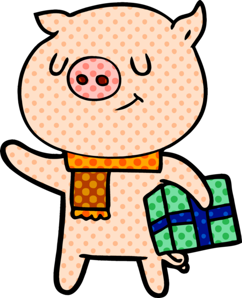 Bir insan tarafından çizilmiş Noel hediyeli mutlu çizgi film domuzu.