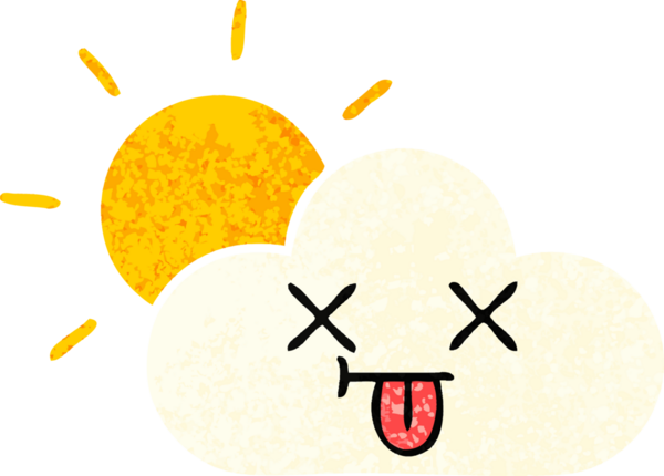 Bir insan tarafından çizilmiş güneş ışığı ve bulutun retro çizim tarzı karikatürü