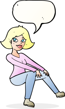 Bir insan tarafından çizilmiş bir konuşma balonuyla oturan mutlu kadın çizgi filmi.