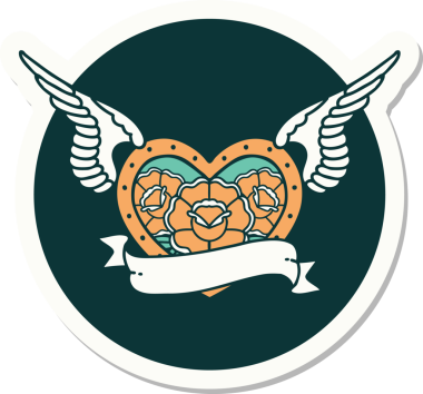 Geleneksel bir dövme stili. Uçan kalp. Çiçekler ve bir insan tarafından çizilmiş bayrak.