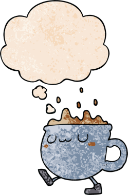 Bir insan tarafından çizilmiş grunge desenli düşünce baloncuğuyla yürüyen çizgi film kahve fincanı.