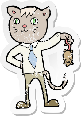 Bir insan tarafından çizilmiş ölü fareli çizgi film iş kedisinin gerilimli çıkartması.