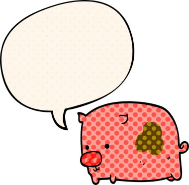 Bir insan tarafından çizilmiş çizgi roman tarzında konuşma balonlu bir domuz.