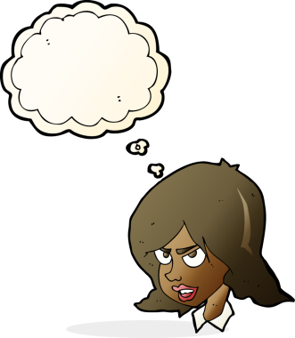 Bir insan tarafından çizilmiş düşünce baloncuğuyla rahatsız bir kadın.