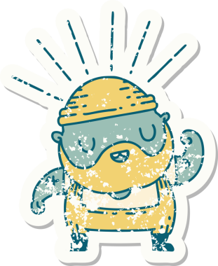 Dövme stili eski bir çıkartma. Sakallı bir adam. Bir insan tarafından çizilmiş pazılarını esnetiyor.