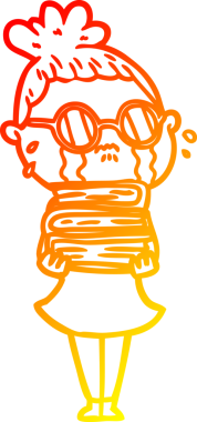 Bir insan tarafından çizilmiş gözlüklü, ağlayan bir kadının çizgi film çizimi.