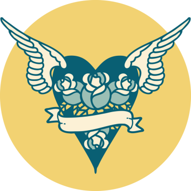 Bir insan tarafından çizilmiş çiçek ve bayrak ile uçan bir kalbin ikonik dövme görüntüsü