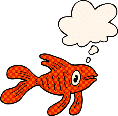 Bir insan tarafından çizilmiş, düşünce baloncuklu çizgi film balığı.