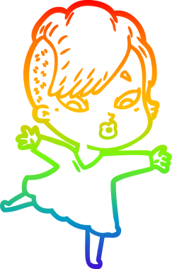 Gökkuşağı gradyan çizgi çizimi bir insan tarafından çizilmiş siyah elbiseli kızı şaşırttı