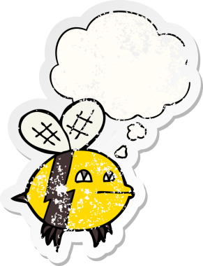 Düşünce baloncuğu olan çizgi film arısı insan tarafından çizilmiş yıpranmış bir çıkartma.