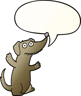 Bir insan tarafından çizilmiş, konuşma baloncuklu çizgi film köpeği.