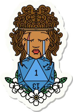 Bir insan tarafından çizilmiş doğal bir d20 rulo ile ağlayan bir insan barbarının çıkartması.