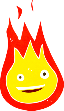 Bir insan tarafından çizilmiş çizgi film dostu ateş topu.