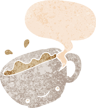 Bir insan tarafından çizilmiş grunge dertli retro desenli konuşma baloncuklu bir fincan kahve.