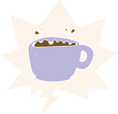 bir insan tarafından çizilmiş, konuşma baloncuklu çizgi film kahve fincanı.