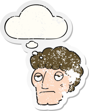 İnsan tarafından çizilmiş sıkıntılı bir çıkartma gibi düşünce balonuyla sıkılmış karikatür.