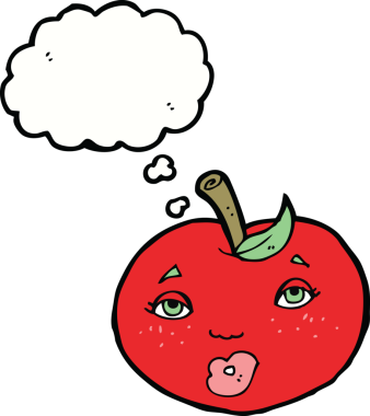 bir insan tarafından çizilmiş, yüzü düşünce baloncuğu olan çizgi film elması