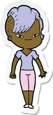 Hipster saç kesimi bir insan tarafından çizilmiş şirin bir çizgi film kızına ait etiket.