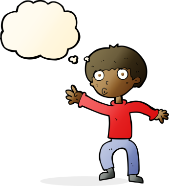 Çizgi filmci çocuk, bir insan tarafından çizilmiş düşünce balonuyla uyarı sallıyor.