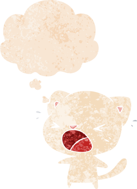 Düşünce baloncuğuyla ağlayan çizgi film kedisi bir insan tarafından çizilmiş dertli retro stili.