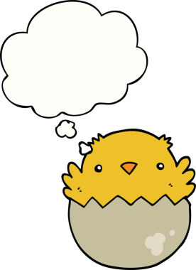 Bir insan tarafından çizilmiş düşünce baloncuğuyla yumurtadan çıkan karikatür yavrusu.
