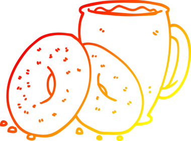 Bir insanın çizdiği kahve ve çöreğin sıcak çizgi çizimi.