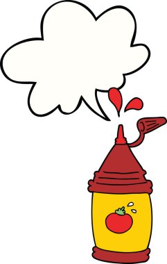 Bir insan tarafından çizilmiş konuşma baloncuklu ketçap şişesi.