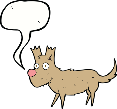 Bir insan tarafından çizilmiş konuşma balonu olan küçük sevimli bir köpek.