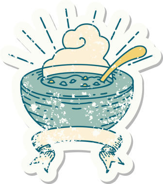 Bir insan tarafından çizilmiş bir çorba kasesinin eski bir çıkartması.