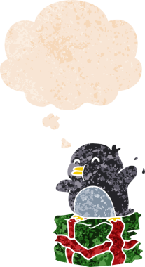 Halihazırda çizgi film penguenleri grunge 'da düşünce baloncuklarıyla sıkıntılı retro dokuma tarzı bir insan tarafından çizilmiş