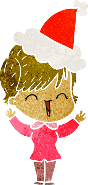 Bir insan tarafından çizilmiş Noel Baba şapkası giymiş gülen bir kadının el çizimi karikatürü