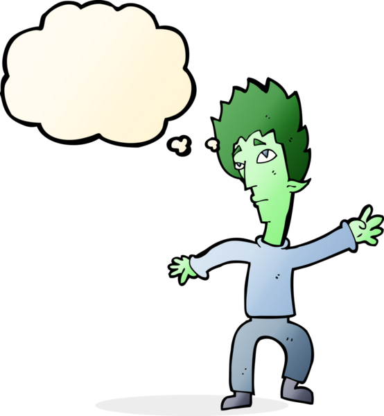 Bir insan tarafından çizilmiş düşünce balonlu vampir adam.