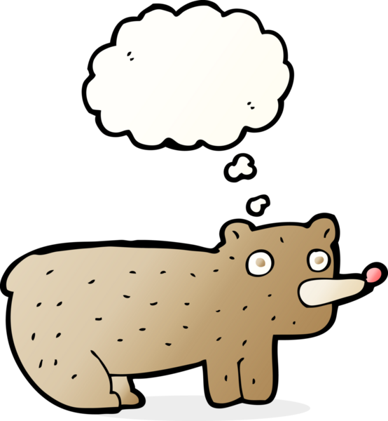 Bir insan tarafından çizilmiş düşünce baloncuklu komik çizgi film ayısı.