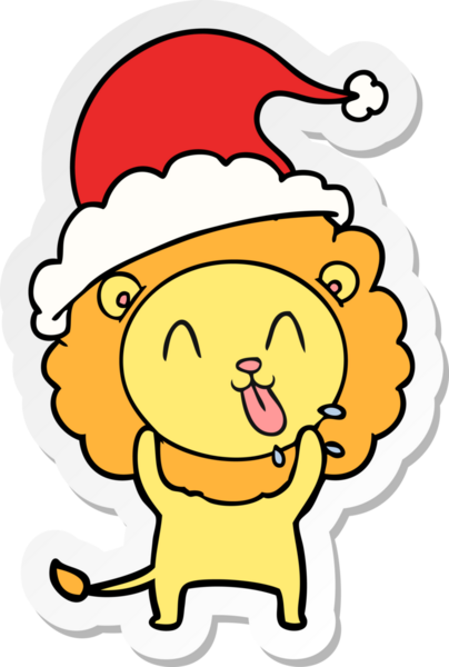 Bir insan tarafından çizilmiş Noel Baba şapkası giymiş bir aslanın mutlu el çizimi karikatürü.